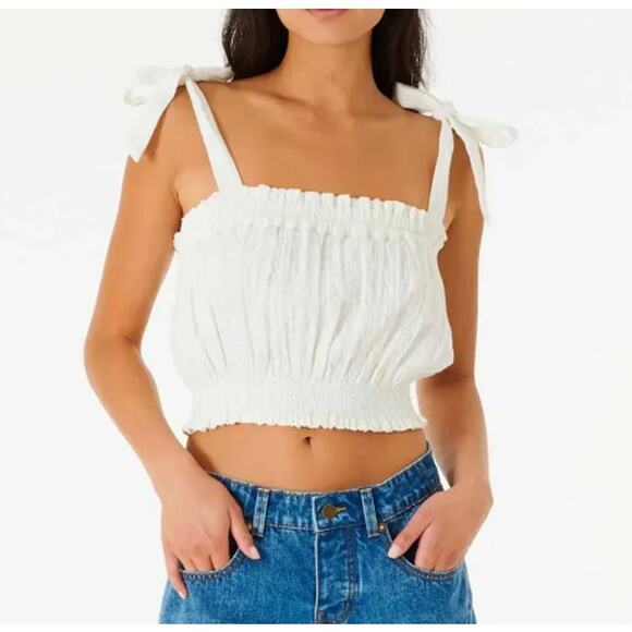 New Ripcurl Medium Cream Norah Tank Top Smocking Shoulder Tie Cotton Gauze Bone - Picture 11 of 11